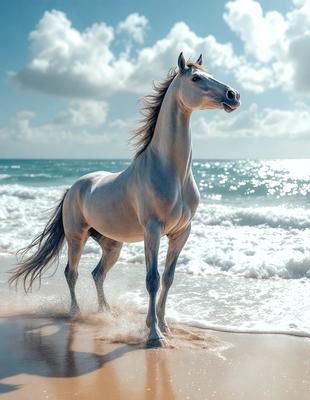 Primary subject: A horse standing on the beach.

Setting/background: The horse is standing on the beach, with the ocean in the background.

Visual style: The image is a photo of the horse on the beach.

Colors and mood: The colors in the image are predominantly shades of blue and white, with the ocean and sky providing a serene and calming atmosphere.