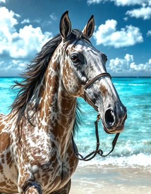 Primary subject: A brown and white spotted horse with a brown mane.

Setting/background: The horse is standing on a beach near the ocean.

Visual style: The image is a digital art or illustration of the horse.

Colors and mood: The horse has brown and white spots, and the overall atmosphere is serene and peaceful, as it stands on the beach near the ocean.