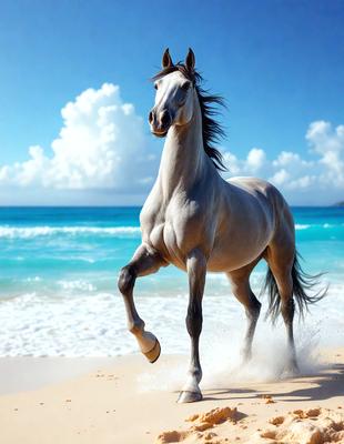 Primary subject: A horse running on the beach.

Setting/background: The beach with the ocean in the background.

Visual style: The image is a digital artwork.

Colors and mood: The colors are predominantly white and blue, with the horse being the main focus. The overall atmosphere is energetic and dynamic, as the horse is captured in motion.