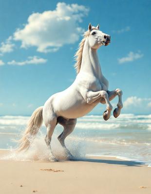 Primary subject: A white horse with a flowing mane, galloping on a beach.

Setting/background: The beach has a sandy surface and is surrounded by water. The sky is blue, and there are clouds in the background.

Visual style: The image is a digital art or illustration of a white horse running on the beach.

Colors and mood: The dominant colors are white and blue, with the white horse and blue sky creating a serene and peaceful atmosphere.