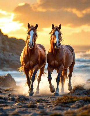 Primary subject: Two brown horses running on the beach.

Setting/background: The beach is the backdrop for the horses running.

Visual style: The image is a photo of the two horses.

Colors and mood: The horses are brown, and the overall atmosphere is energetic and dynamic.