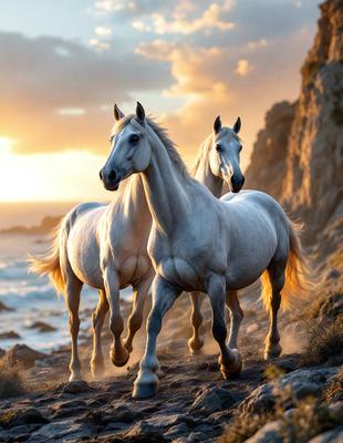 Primary subject: Two white horses standing on a rocky beach.

Setting/background: The horses are standing on a rocky beach near the ocean, with a mountain in the background.

Visual style: The image is a digital artwork, featuring two white horses with flowing manes.

Colors and mood: The image has a warm and serene atmosphere, with the horses' white coats contrasting against the rocky beach and ocean backdrop.