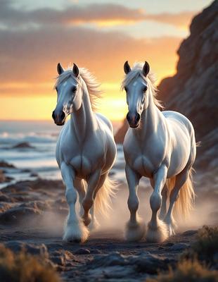 Primary subject: Two white horses running on a beach.

Setting/background: The beach has rocks and sand, and the sun is setting in the background.

Visual style: The image is a digital artwork.

Colors and mood: The colors are predominantly white, with some orange and blue hues from the sunset. The overall atmosphere is energetic and dynamic, as the horses are running freely on the beach.