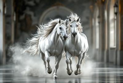 The primary subject of the image is two white horses running side by side. They are the main focus of the scene, and their movement and interaction with each other create a dynamic and engaging visual experience.

The setting of the image is a hallway, which serves as the backdrop for the horses' action. The environment is likely indoors, possibly in a building or a stable.

The visual style of the image is a combination of photo and digital art. The horses are captured in a realistic manner, while the