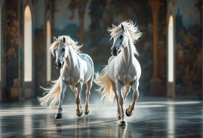The primary subject of the image is two white horses running side by side in a large, open space. The setting appears to be a courtyard or a similar outdoor area. The visual style of the image is a photo, capturing the horses in motion. The colors in the image are predominantly white, which gives the scene a clean and bright atmosphere.