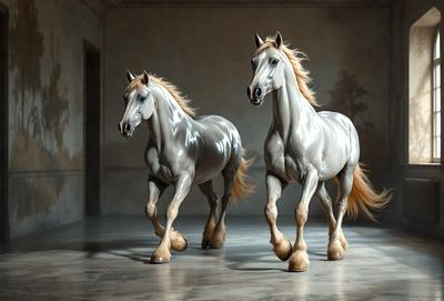 Primary subject: Two statues of horses.
Setting/background: A white wall.
Visual style: Digital art.
Colors and mood: The statues are gray and white, giving them a neutral and elegant appearance.