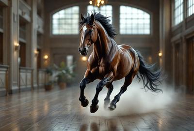 Primary subject: A brown horse running in a large room.

Setting/background: The horse is running in a large room with a wooden floor.

Visual style: The image is a digital art or illustration of a horse running.

Colors and mood: The dominant colors are brown and black, and the overall atmosphere is energetic and dynamic.