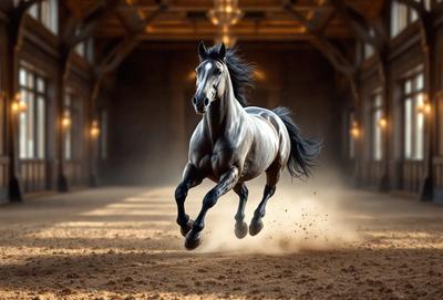 Primary subject: A horse running in a dirt-covered building.

Setting/background: The horse is running in a large, open space with a dirt floor.

Visual style: The image is a photo of the horse in motion.

Colors and mood: The image has a sepia tone, giving it a vintage and nostalgic feel.