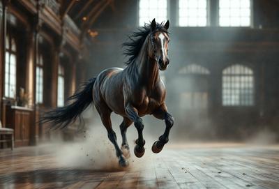 Primary subject: A horse running in a building.

Setting/background: The horse is running in a large, open building with a wooden floor.

Visual style: The image is a digital art or illustration of a horse running in a building.

Colors and mood: The image has a black and white color scheme, giving it a dramatic and artistic feel.