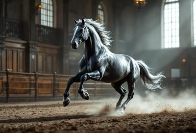 Primary subject: A horse running in a building.

Setting/background: The horse is running in a building, possibly a stable or a corral.

Visual style: The image is a digital art or illustration of a horse running.

Colors and mood: The image has a black and white color scheme, giving it a dramatic and intense mood.