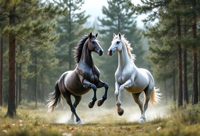 Primary subject: Two horses running in a field.

Setting/background: A grassy field with trees in the background.

Visual style: A photo of the two horses running.

Colors and mood: The image is in black and white, giving it a classic and timeless feel. The horses are the main focus, and their movement and interaction create a sense of energy and excitement.
