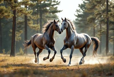 Primary subject: Two horses running together in a field.

Setting/background: The horses are running in a grassy field with trees in the background.

Visual style: The image is a photo of the two horses in action.

Colors and mood: The image has a warm and lively atmosphere, with the horses' movement and the green grass creating a sense of energy and freedom.