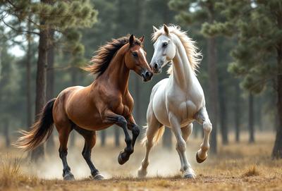 Primary subject: Two horses running together in a field.

Setting/background: The horses are running in a field with trees in the background.

Visual style: The image is a photo of the two horses in action.

Colors and mood: The image has a warm and lively atmosphere, with the horses' movement and the natural surroundings creating a sense of energy and freedom.