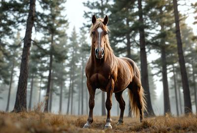 Primary subject: A brown horse with a white face standing in a forest.

Setting/background: The horse is standing in a forest with trees surrounding it.

Visual style: The image is a photo of the horse in the forest.

Colors and mood: The horse has a brown and white color, and the forest has a natural and serene atmosphere.