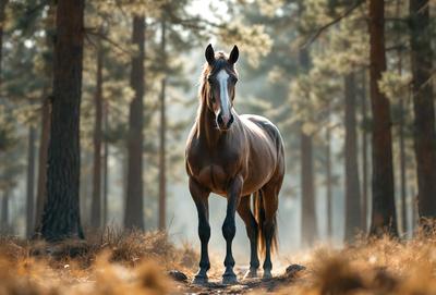 Primary subject: A brown horse with a white face standing in a forest.

Setting/background: The horse is standing in a forest with trees surrounding it.

Visual style: The image is a photo of the horse in the forest.

Colors and mood: The horse has a brown coat with a white face, and the forest has a natural and serene atmosphere.