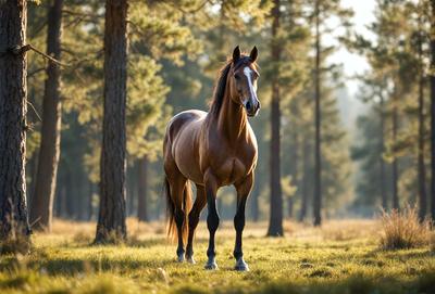 Primary subject: A brown horse standing in a grassy field.

Setting/background: The horse is standing in a grassy field surrounded by trees.

Visual style: The image is a photo of the horse in the field.

Colors and mood: The horse is brown, and the overall atmosphere is calm and serene.