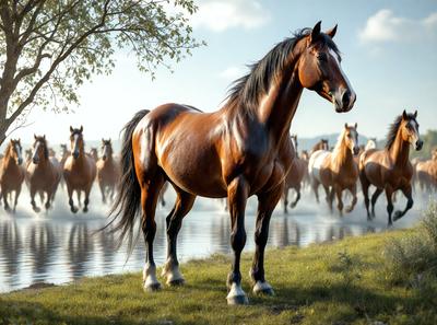 The primary subject of the image is a brown horse standing in a grassy field near a body of water. The horse appears to be looking at the camera, and it is surrounded by a herd of horses. The setting is a natural environment with a grassy field and a body of water, creating a serene and peaceful atmosphere. The visual style of the image is a photo, capturing the beauty and grace of the horse and its surroundings. The colors in the image are predominantly earthy tones, such as
