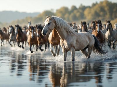 Primary subject: A brown horse running through a body of water.

Setting/background: The horse is running through a river, surrounded by a beautiful natural environment.

Visual style: The image is a photo of the horse in motion.

Colors and mood: The image has a warm and dynamic color palette, with the brown horse as the main focus.