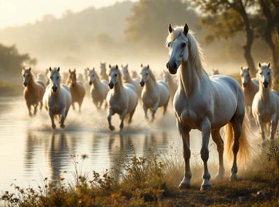 Primary subject: A white horse standing in a body of water.

Setting/background: The horse is surrounded by a herd of white horses, all standing in the water. The scene is set in a field with a body of water, creating a serene and natural atmosphere.

Visual style: The image is a photo of the white horse and the herd of horses in the water.

Colors and mood: The dominant colors in the image are white and shades of gray, creating a calm and peaceful