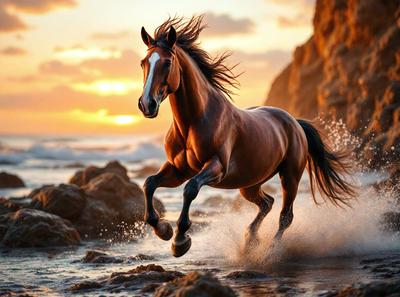 Primary subject: A brown horse running on the beach.

Setting/background: The beach with rocks and water.

Visual style: The image is a photo of the horse running on the beach.

Colors and mood: The image has a warm and vibrant color palette, with the brown horse and the beach's natural colors creating a lively and energetic atmosphere.