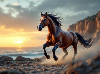 Primary subject: A brown horse running on a beach.

Setting/background: The beach has a rocky surface, and the sun is setting in the background.

Visual style: The image is a digital art or illustration of a horse running on the beach.

Colors and mood: The dominant colors are brown and orange, with a warm and energetic atmosphere.