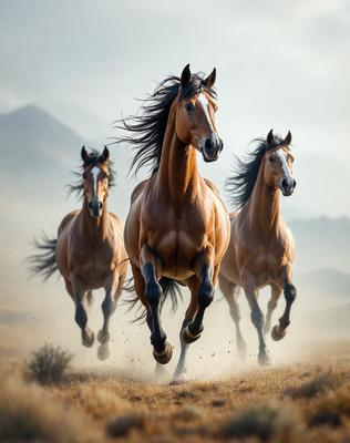 Primary subject: Three brown horses running in a field.

Setting/background: The horses are running in a field with a mountain in the background.

Visual style: The image is a photo of the three horses running.

Colors and mood: The image has a warm and dynamic color palette, with the brown horses and the mountain in the background creating a sense of motion and energy.