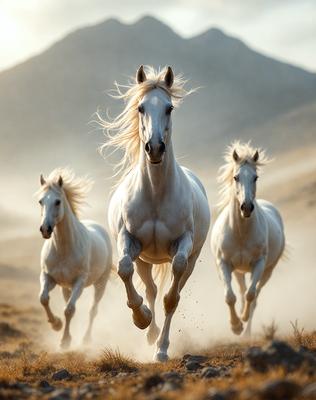 Primary subject: Three white horses running in a field.

Setting/background: The horses are running in a field with a mountain in the background.

Visual style: The image is a photo of the horses in motion.

Colors and mood: The image is in black and white, giving it a classic and timeless feel. The horses' white coats contrast with the darker tones of the field and mountain, creating a sense of motion and energy.