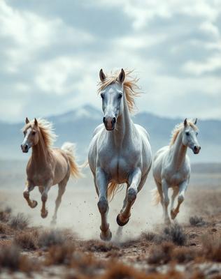 Primary subject: A white horse running in a field.

Setting/background: The horse is running in a field with mountains in the background.

Visual style: The image is a photo of the horse running in the field.

Colors and mood: The image has a sepia tone, giving it a warm and nostalgic atmosphere.