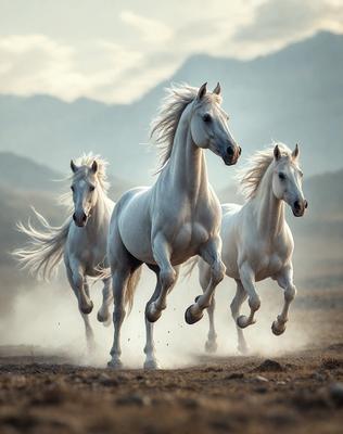 Primary subject: Three white horses running in a field.

Setting/background: The horses are running in a field with mountains in the background.

Visual style: The image is a photo of the three white horses running in the field.

Colors and mood: The image has a warm and natural color palette, with the white horses standing out against the field and mountain backdrop.
