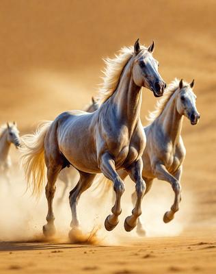 Primary subject: A group of horses running in a desert-like environment.

Setting/background: The horses are running on a sandy surface, which suggests a desert-like setting.

Visual style: The image is a photo of the horses in motion.

Colors and mood: The image has a warm and natural color palette, with the sandy surface and the horses' coats creating a sense of movement and energy.