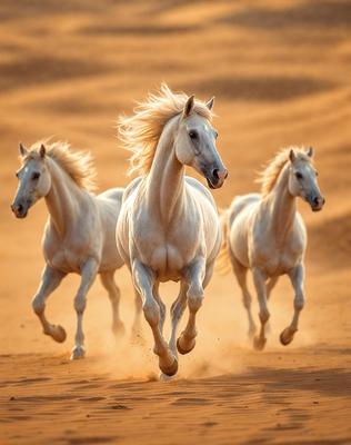 Primary subject: Three white horses running in a desert.

Setting/background: The horses are running on a sandy surface, which is the desert.

Visual style: The image is a photo of the horses running in the desert.

Colors and mood: The image has a warm and natural color palette, with the sandy surface and the horses' white coats creating a sense of freedom and adventure.