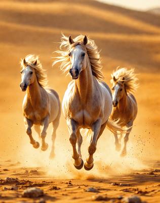 The primary subject of the image is a group of three horses running through a sandy area. The setting is a desert-like environment, with a sandy surface visible in the background. The visual style of the image is a photo, capturing the horses in motion. The colors in the image are predominantly brown and orange, creating a warm and natural atmosphere.