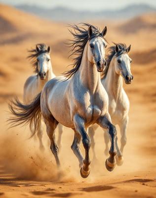 The primary subject of the image is a group of three horses running through a sandy area. The setting is a desert-like environment, with sand covering the ground. The visual style of the image is a photo, capturing the horses in motion. The colors in the image are predominantly brown and beige, giving the scene a warm and natural atmosphere.