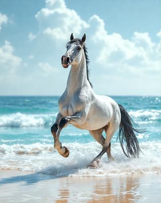 Primary subject: A white horse running on the beach.

Setting/background: The beach, with waves and the ocean in the background.

Visual style: The image is a photo of the horse running on the beach.

Colors and mood: The image has a vibrant and lively atmosphere, with the white horse standing out against the blue ocean and the sandy beach.
