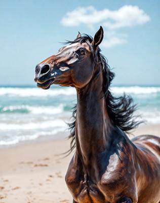 The primary subject of the image is a horse standing on a beach. The horse is looking at the camera, and its mane is blowing in the wind. The setting is a beach with the ocean in the background. The visual style is a photo, and the colors and mood are dominated by the natural colors of the beach and ocean, creating a serene and peaceful atmosphere.