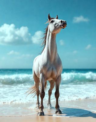 Primary subject: A white horse standing on the beach.

Setting/background: The horse is standing on the beach, with the ocean in the background.

Visual style: The image is a digital art or illustration of a white horse on the beach.

Colors and mood: The image has a blue and white color scheme, with the white horse and blue ocean creating a serene and peaceful atmosphere.