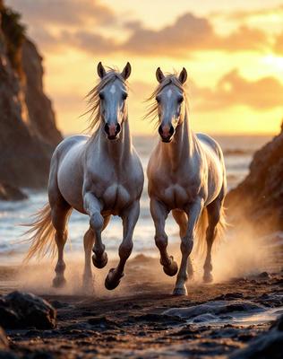 Primary subject: Two white horses running on the beach.

Setting/background: The beach is the setting, with the ocean in the background.

Visual style: The image is a photo of the two horses running on the beach.

Colors and mood: The colors are predominantly white, with the ocean providing a blue and calming backdrop. The mood of the image is energetic and dynamic, as the horses are running freely on the beach.