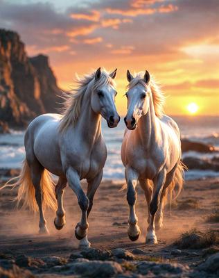 Primary subject: Two white horses running on a beach.

Setting/background: The beach is covered in sand, and there are rocks nearby. The sun is setting in the background, creating a beautiful and serene atmosphere.

Visual style: The image is a photo of the two horses running on the beach.

Colors and mood: The dominant colors are white and orange, with the white horses and the orange sunset creating a warm and inviting mood.
