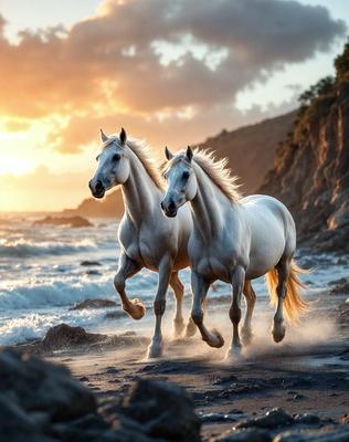Primary subject: Two white horses running on the beach.

Setting/background: The beach with waves crashing on the shore.

Visual style: The image is a photo of the two horses running on the beach.

Colors and mood: The image has a warm and vibrant color palette, with the white horses standing out against the beach backdrop. The overall atmosphere is energetic and dynamic, as the horses are captured in motion.