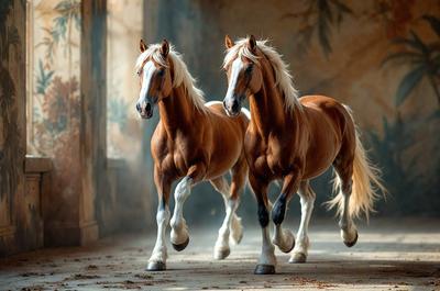 Primary subject: Two brown horses running in a room.

Setting/background: The room has a wall with a painting on it, and the horses are running on a dirt floor.

Visual style: The image is a photo of the two horses.

Colors and mood: The horses are brown, and the overall atmosphere is energetic and dynamic.