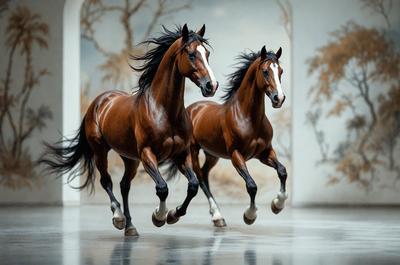 Primary subject: Two brown horses running in a room.

Setting/background: The room has a white wall and a painting on it.

Visual style: The image is a painting.

Colors and mood: The painting features brown and white colors, creating a warm and dynamic atmosphere.