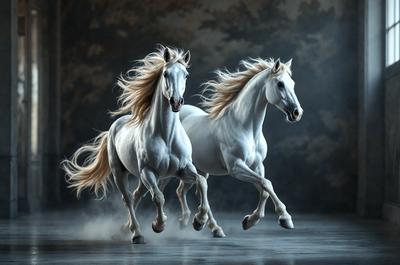 The primary subject of the image is a pair of white horses running side by side. They are the main focus of the scene, and their movement and grace are the central elements. The setting is a dark background, which contrasts with the white horses, creating a dramatic and striking visual effect. The image is a digital artwork, showcasing the artist's skill in capturing the horses' motion and the overall atmosphere of the scene. The dominant colors are white and black, with the white horses standing out against the dark background.