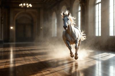 Primary subject: A white horse running in a room.

Setting/background: The horse is running in a room with a wooden floor.

Visual style: The image is a photo of the horse in motion.

Colors and mood: The dominant colors are white and brown, with a sense of motion and energy.