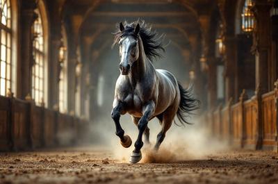 Primary subject: A horse running through a hallway.

Setting/background: The horse is running through a hallway with arches, creating a unique and interesting scene.

Visual style: The image is a photo of the horse in motion.

Colors and mood: The image has a sepia tone, giving it a vintage and nostalgic feel. The horse's movement and the arches in the background create a sense of energy and motion.