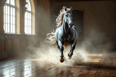Primary subject: A horse running in a room.

Setting/background: The room has a wooden floor and a window.

Visual style: The image is a digital artwork.

Colors and mood: The colors are predominantly gray, and the mood is energetic and dynamic.