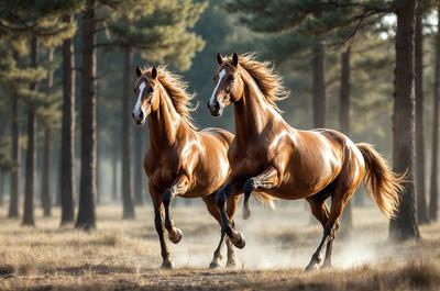 Primary subject: Two brown horses running through a field.

Setting/background: The horses are running through a field with trees in the background.

Visual style: The image is a photo of the two horses in motion.

Colors and mood: The horses are brown, and the overall atmosphere is energetic and dynamic.