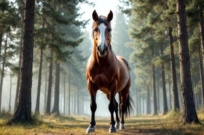 Primary subject: A brown horse with a white face standing in a forest.

Setting/background: The horse is standing on a dirt road surrounded by trees.

Visual style: The image is a photo of the horse in the forest.

Colors and mood: The horse has a brown body with a white face, and the forest has a natural and serene atmosphere.