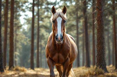 Primary subject: A brown horse with a white face.

Setting/background: A forest with trees and a dirt path.

Visual style: A photo of the horse in the forest.

Colors and mood: The horse has a brown body with a white face, and the forest has a natural and serene atmosphere.