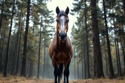 Primary subject: A brown horse with a white stripe on its face.

Setting/background: A forest with trees and a dirt road.

Visual style: A photo of the horse in the woods.

Colors and mood: The horse has a brown and white color, and the overall atmosphere is calm and serene.