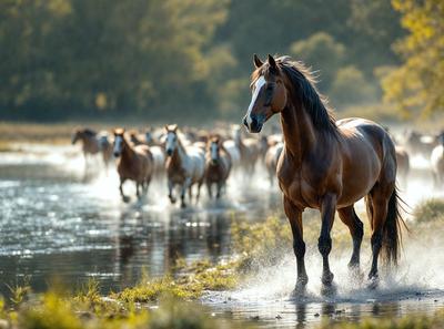 The primary subject of the image is a brown horse walking through a body of water, possibly a river or a stream. The horse is surrounded by a herd of horses, creating a sense of movement and activity in the scene. The setting appears to be a natural environment, with the water and the surrounding landscape providing a serene and picturesque backdrop. The visual style of the image is a combination of photo and digital art, with the horse and its surroundings depicted in a realistic manner. The colors in the image are pre